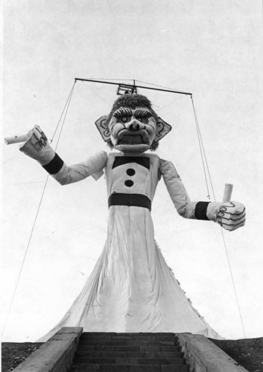 Vintage black and white photograph of original Zozobra marionette